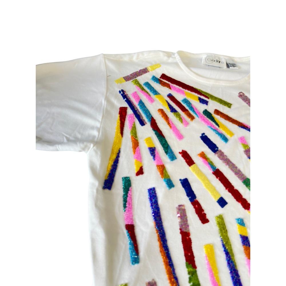 Cedars Vintage 90s White Sequin Beaded Abstract T-Shirt Womens M Oversized JS - Picture 4 of 11